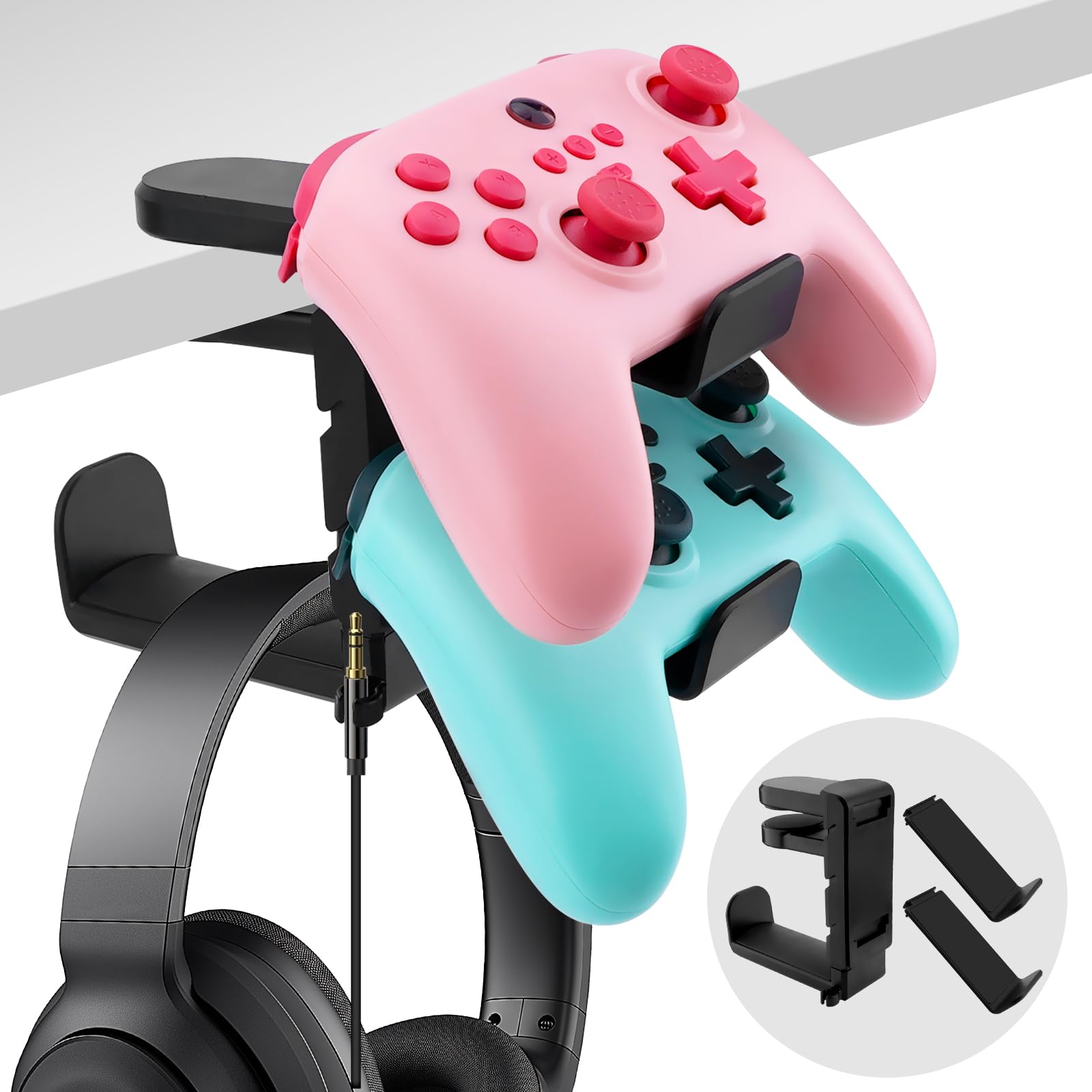 Bysimilai 3-in-1 PC Gaming Headphone & Controller Holder for Desk-Headphone Hanger Headphone Stand with Adjustable Clamp&Rotating Arm Headset Stand Under Desk Controller &Switch Stand-Black