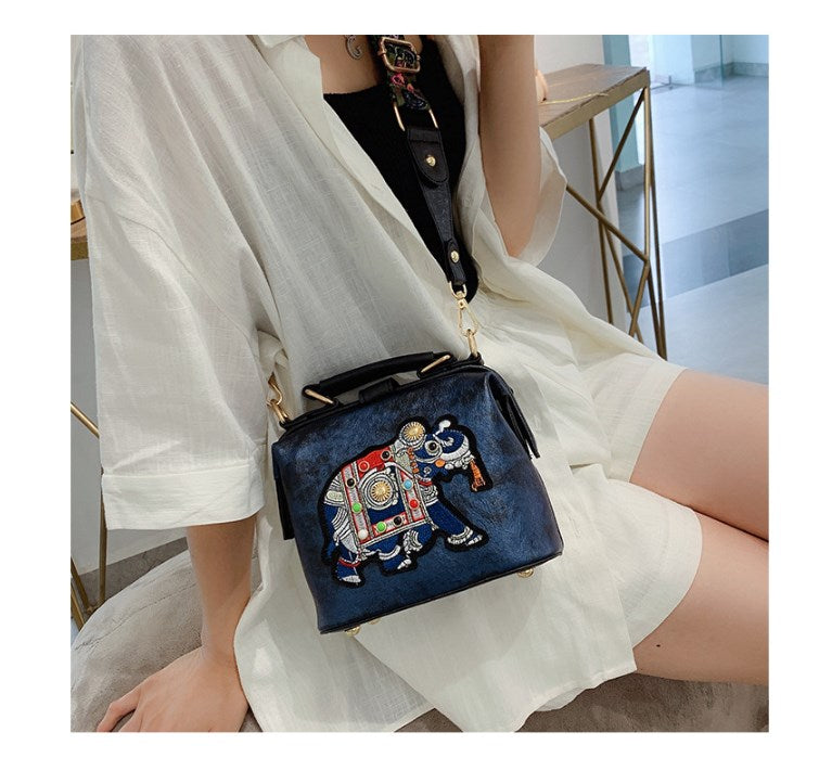 Embroidered Elephant Shoulder Bag with Chain Strap