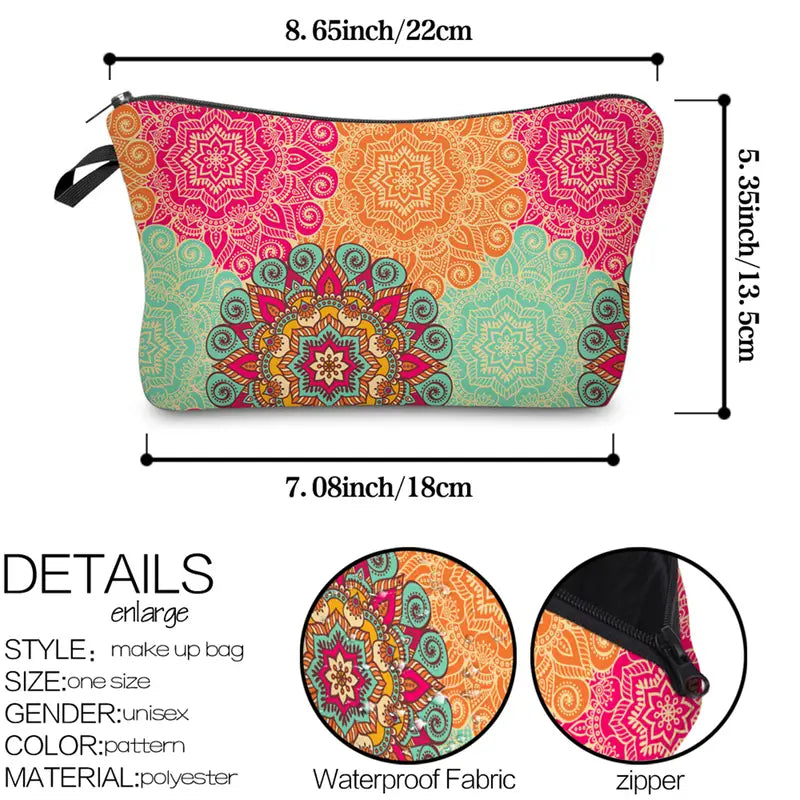 Mandala Flowers Waterproof Makeup Bag