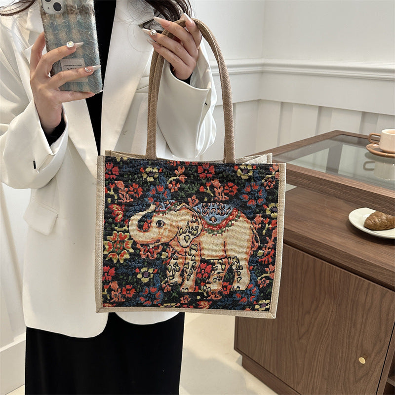 Vintage Ethnic Cartoon Elephant Canvas Tote Bag 2024