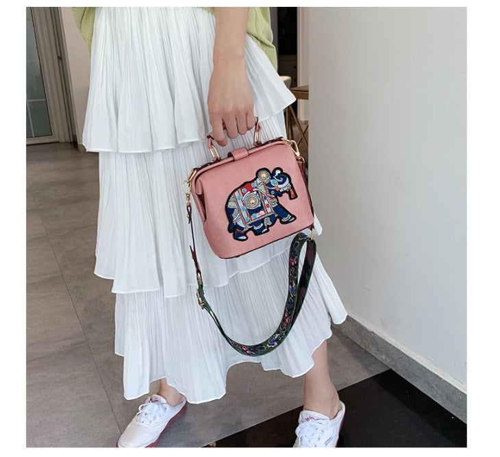 Embroidered Elephant Shoulder Bag with Chain Strap