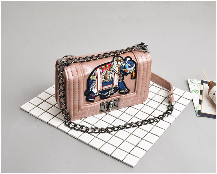 Embroidered Elephant Shoulder Bag with Chain Strap