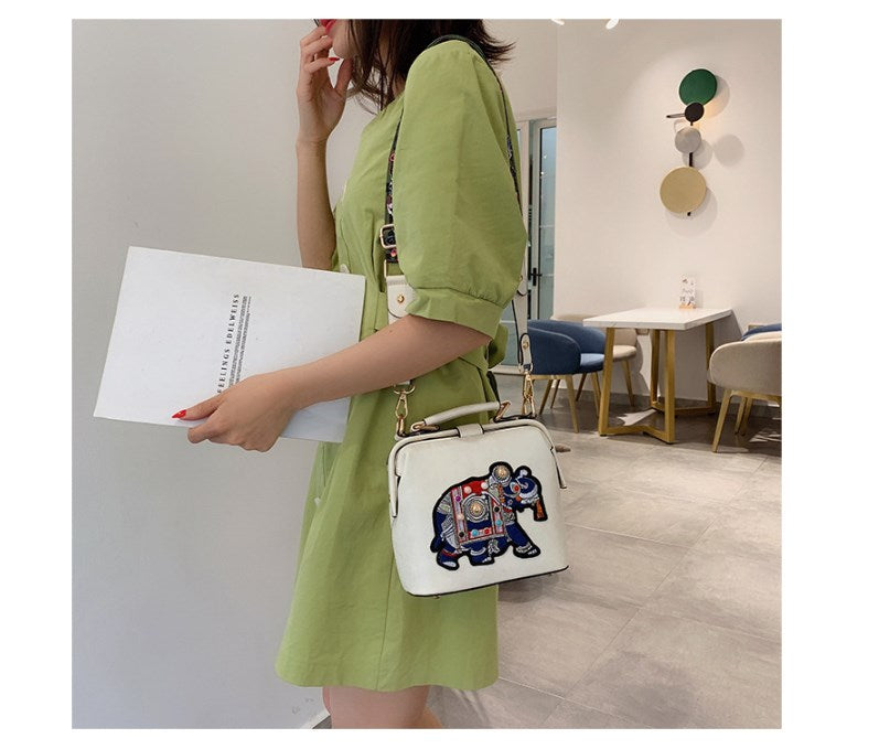 Embroidered Elephant Shoulder Bag with Chain Strap