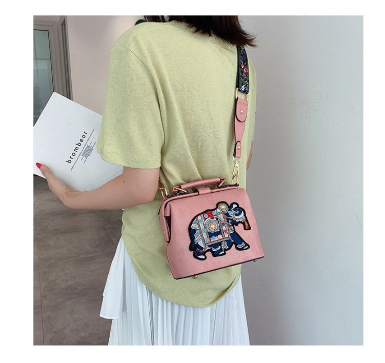Embroidered Elephant Shoulder Bag with Chain Strap