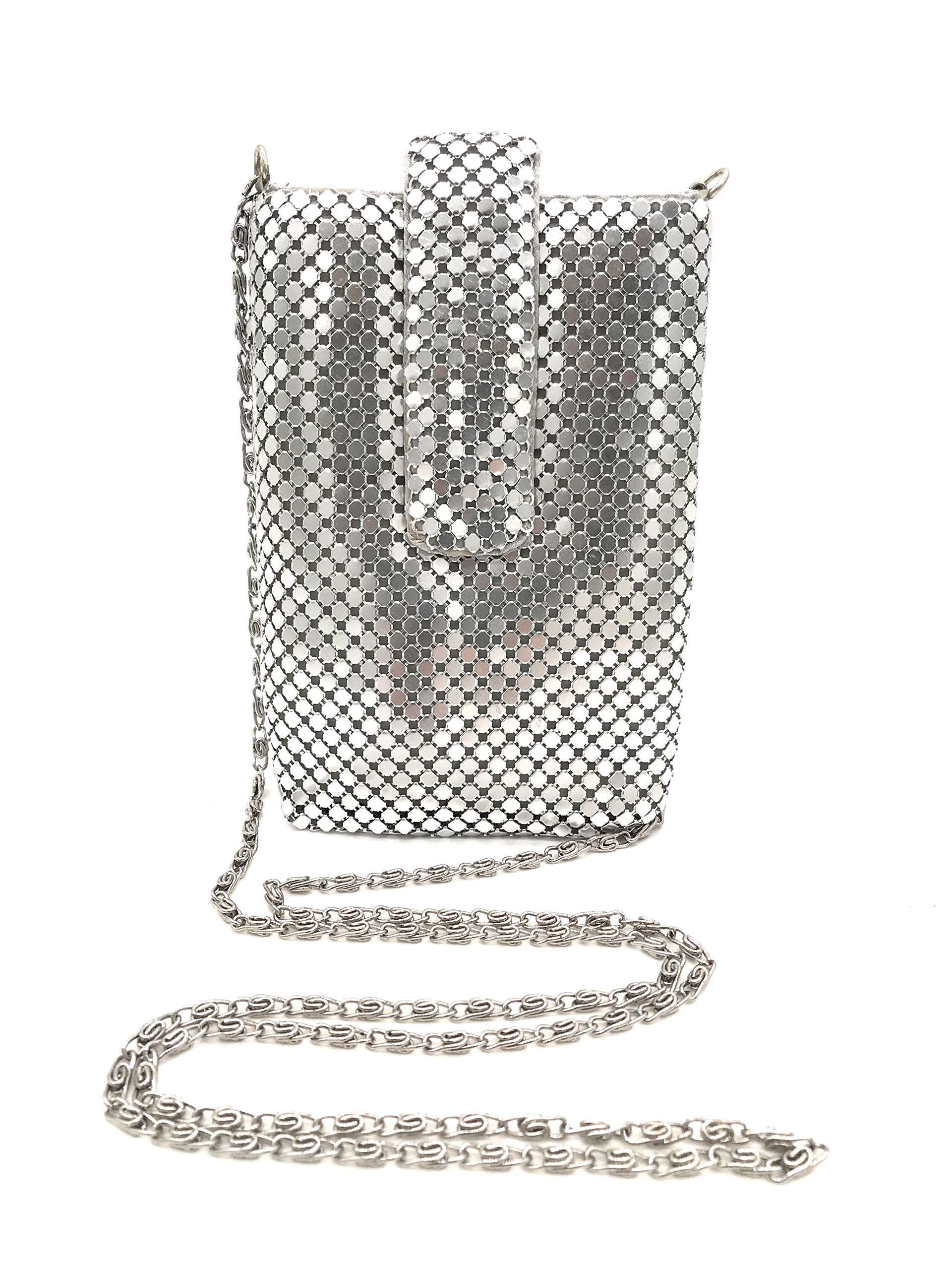 Womens Metal Mesh Small Cell Phone Pouch Bag Case Cross-Body Shoulder Strap (Silver)