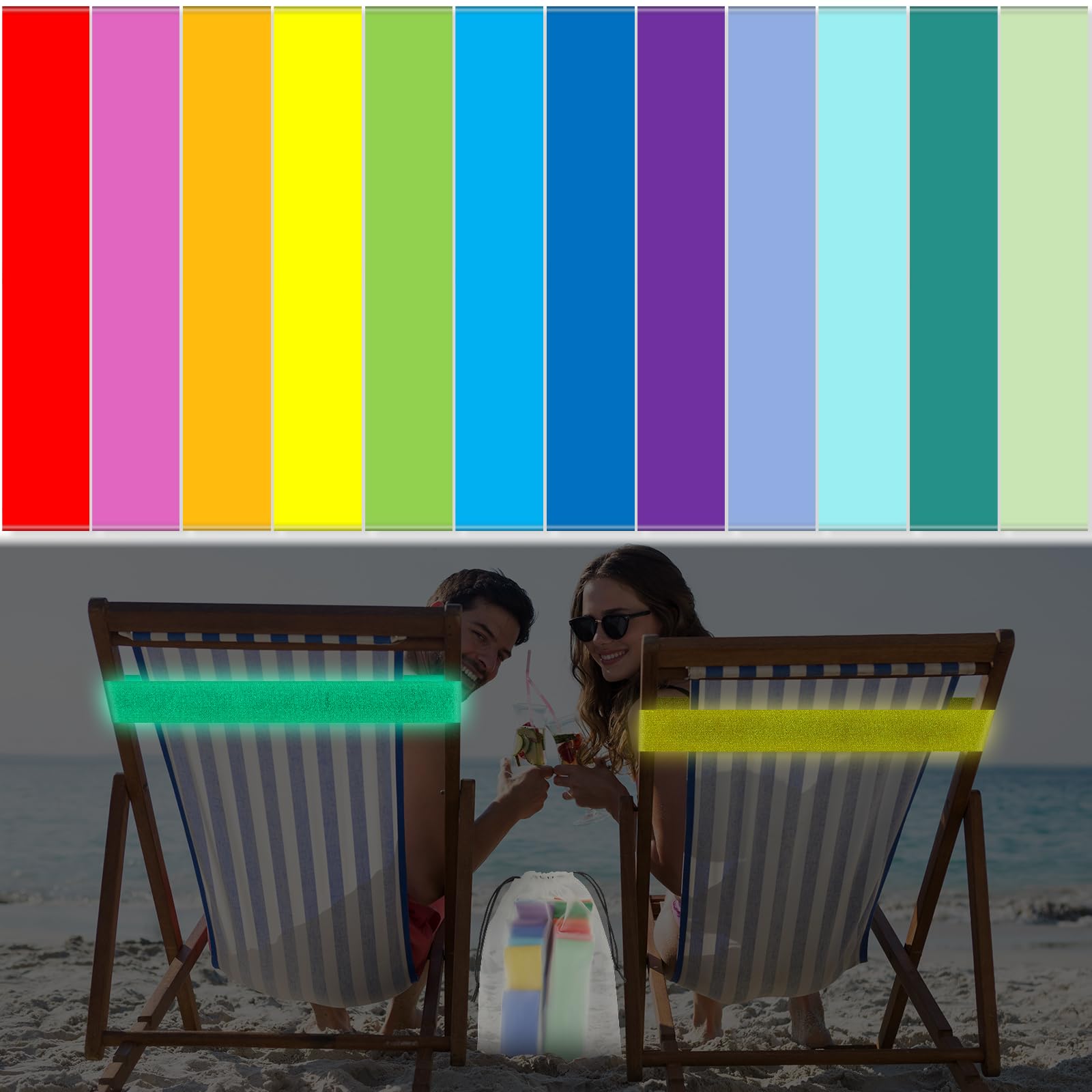 Tessco 12 Pack Towel Band for Beach Chairs Cruise Towel Clips for Lounge Beach Pool Chairs Towel Strap Holder Elastic Windproof for Summer Pool Beach Seaside Travel Hawaiian(16 x 2 inLuminous Style)