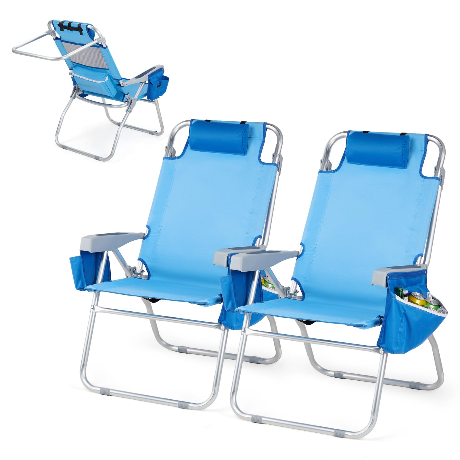 VINGLI Tall Beach Chair 2 Pack with 5-Position Cooler Bag Cup Holders Towel Bar Lightweight Folding Beach Camping Chairs for Adults(Blue-16)