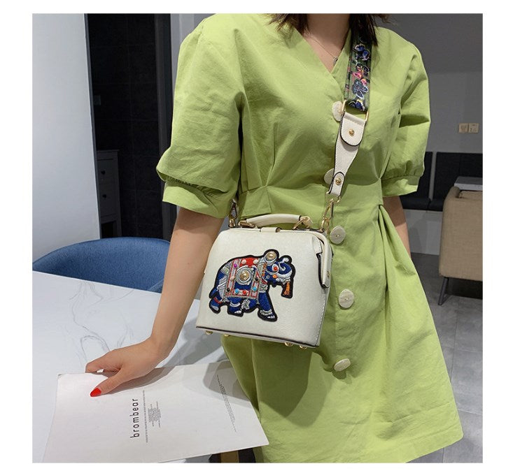 Embroidered Elephant Shoulder Bag with Chain Strap