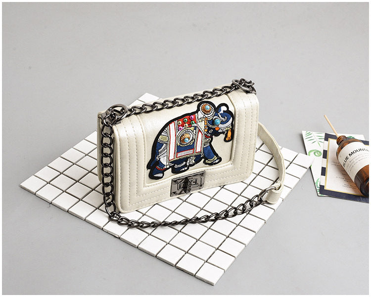 Embroidered Elephant Shoulder Bag with Chain Strap